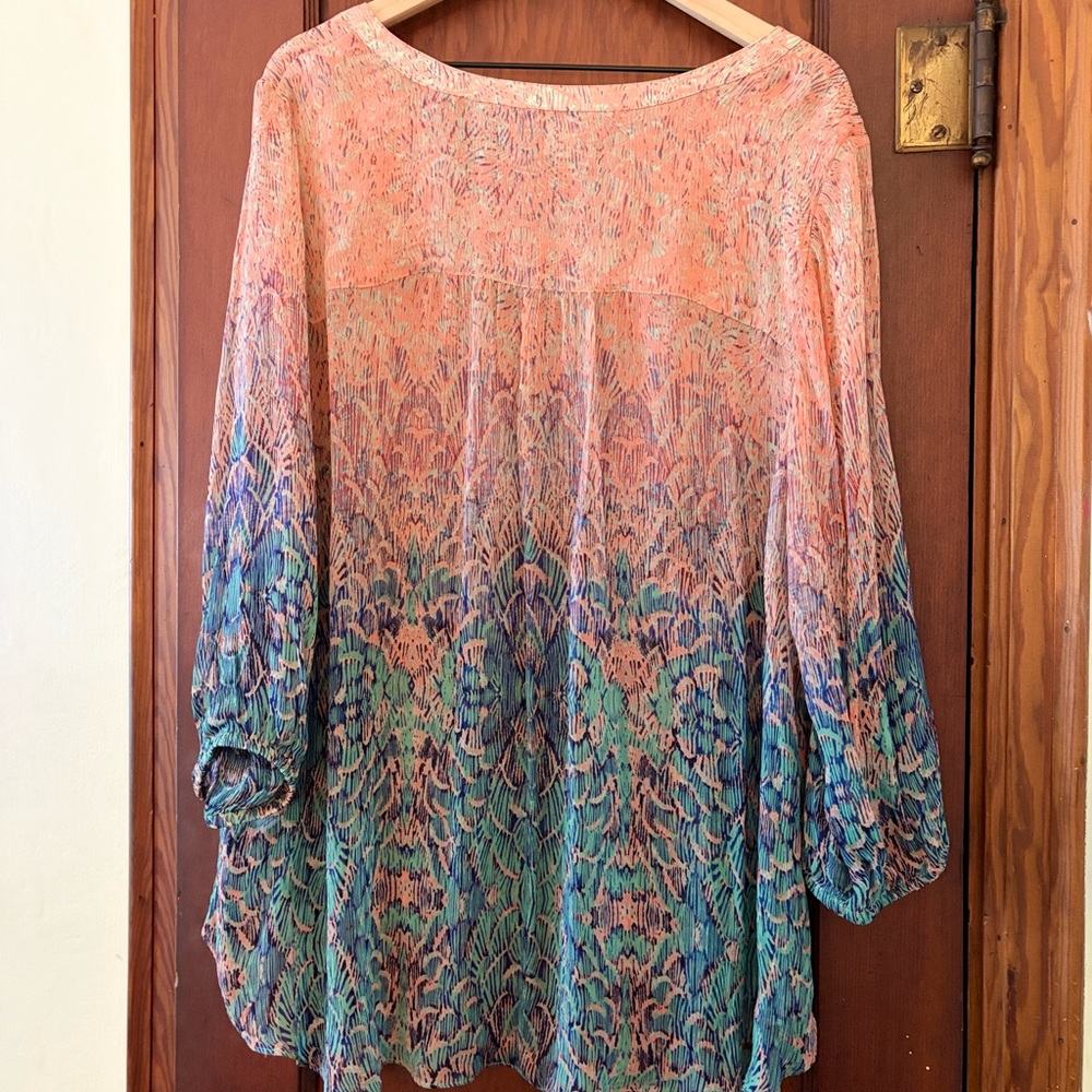 SOLD Lucky Brand Peacock Scales Pattern Sheer High-Low Boho Tunic Blouse Size 2X - Picture 2 of 7